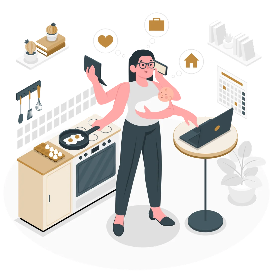 Illustration d'une salariée débordée, jonglant entre travail, appels et vie de famille